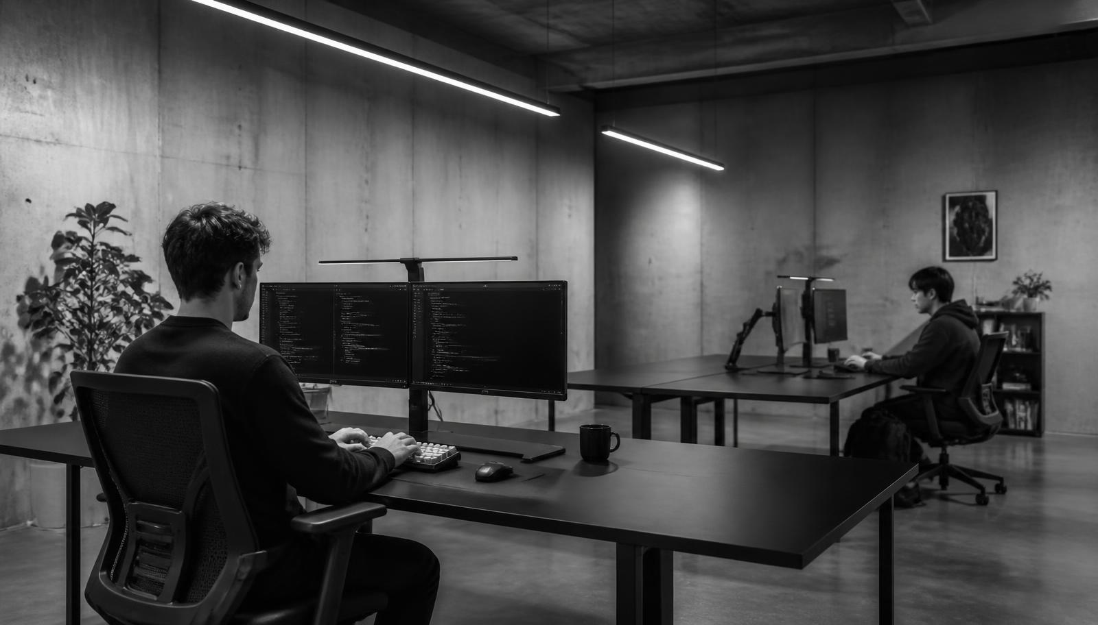 Software engineers working at long desks with code on their monitors in a concrete studio