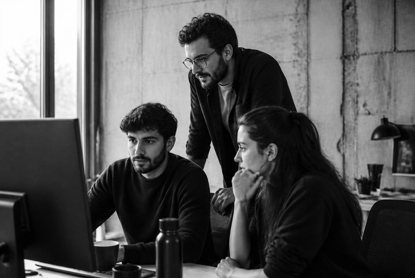 Three IT professionals reviewing work together on a monitor in a concrete-walled office